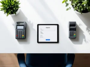 Modern attendance tracking devices arranged symmetrically on white desk: tablet with check-in interface, time clock, and RFID reader.