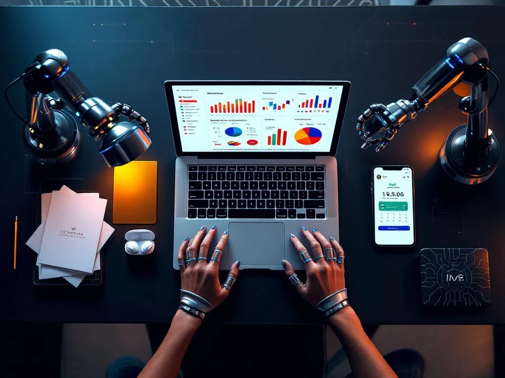 Modern office desk with laptop showing automation dashboards, event planning materials, and chrome robotic arms arranging items