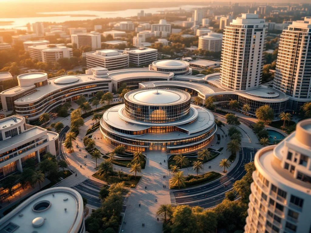 Modern conference center surrounded by upscale hotels during golden hour, featuring glass facades and connecting pathways.