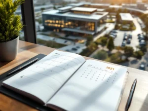 Open planner with monthly calendar on wooden desk overlooking modern glass conference center with parking and landscaping