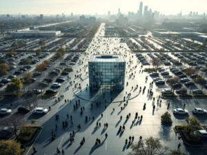 Aerial view of isolated conference center with confused attendees walking through empty parking lots where hotels should be.