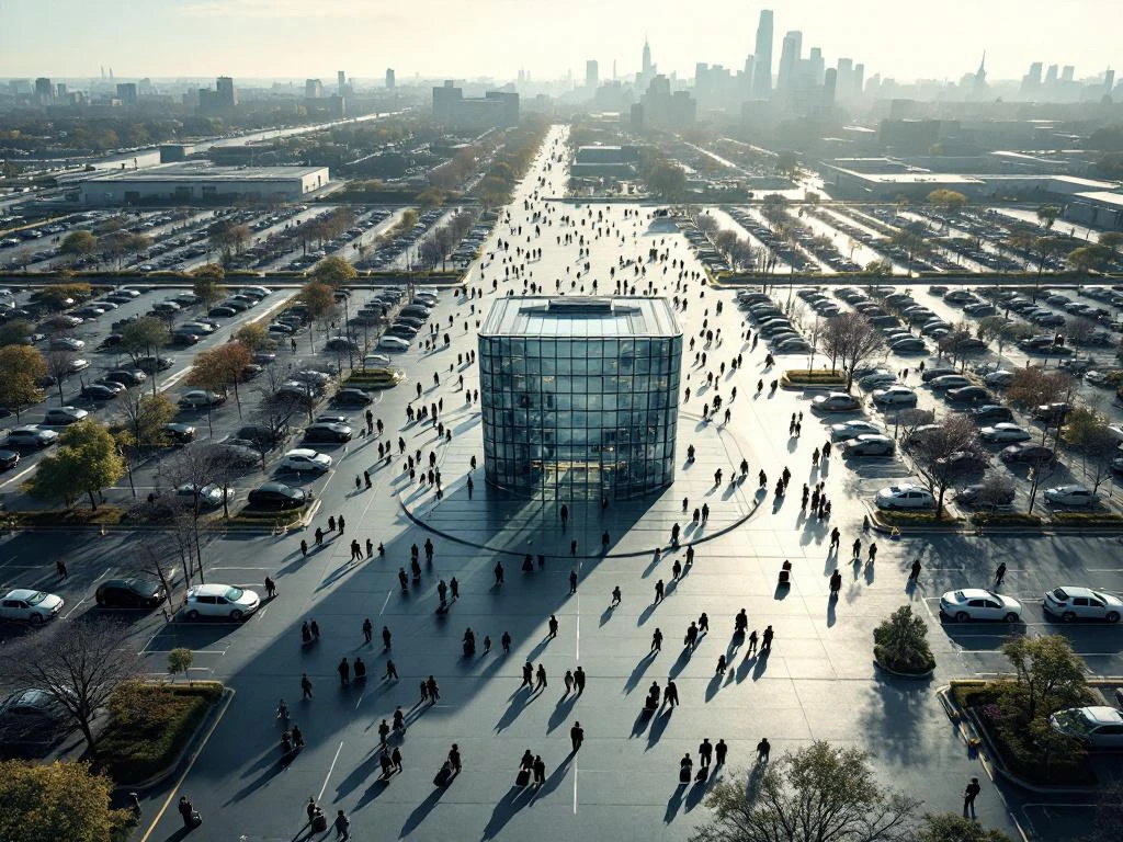 Aerial view of isolated conference center with confused attendees walking through empty parking lots where hotels should be.
