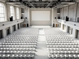 Large conference hall with hundreds of white chairs in geometric rows facing minimalist stage, modern architecture with natural lighting.