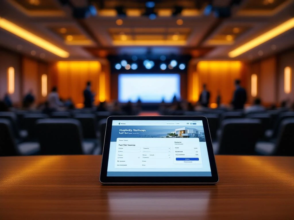 Modern conference hall with symmetrical rows of chairs facing stage, tablet showing hotel booking interface on wooden table in foreground.