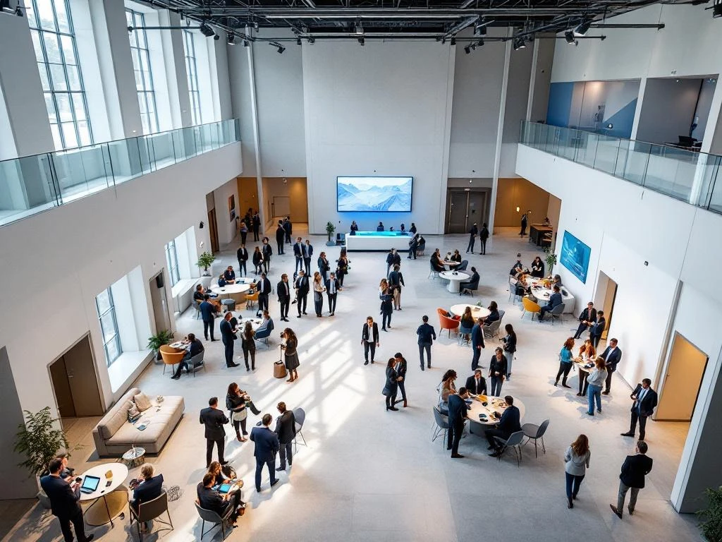 Modern conference hall with four networking zones, business professionals mingling, natural lighting through large windows.
