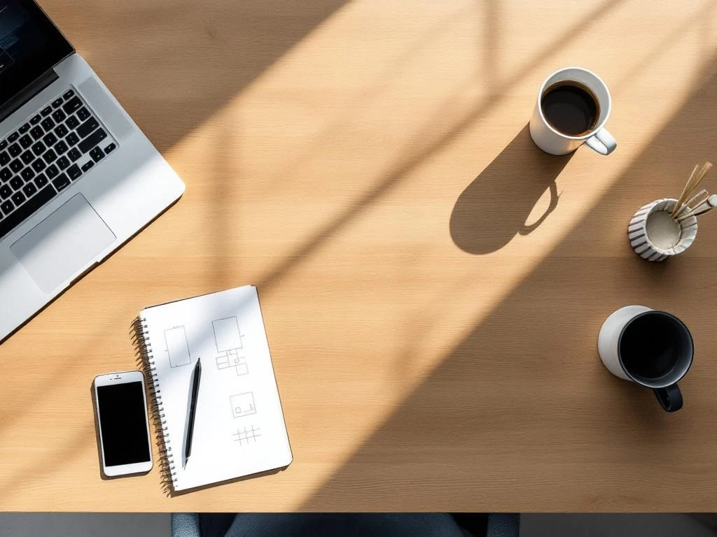 Modern conference planning workspace with laptop showing venue layout, notepad, smartphone and coffee on wooden desk