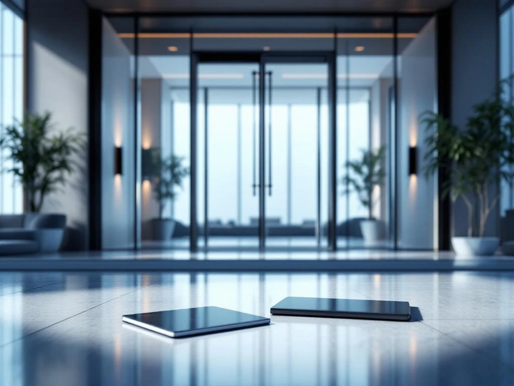 Hotel keycard and event materials at modern conference venue entrance with glass doors and blue lighting