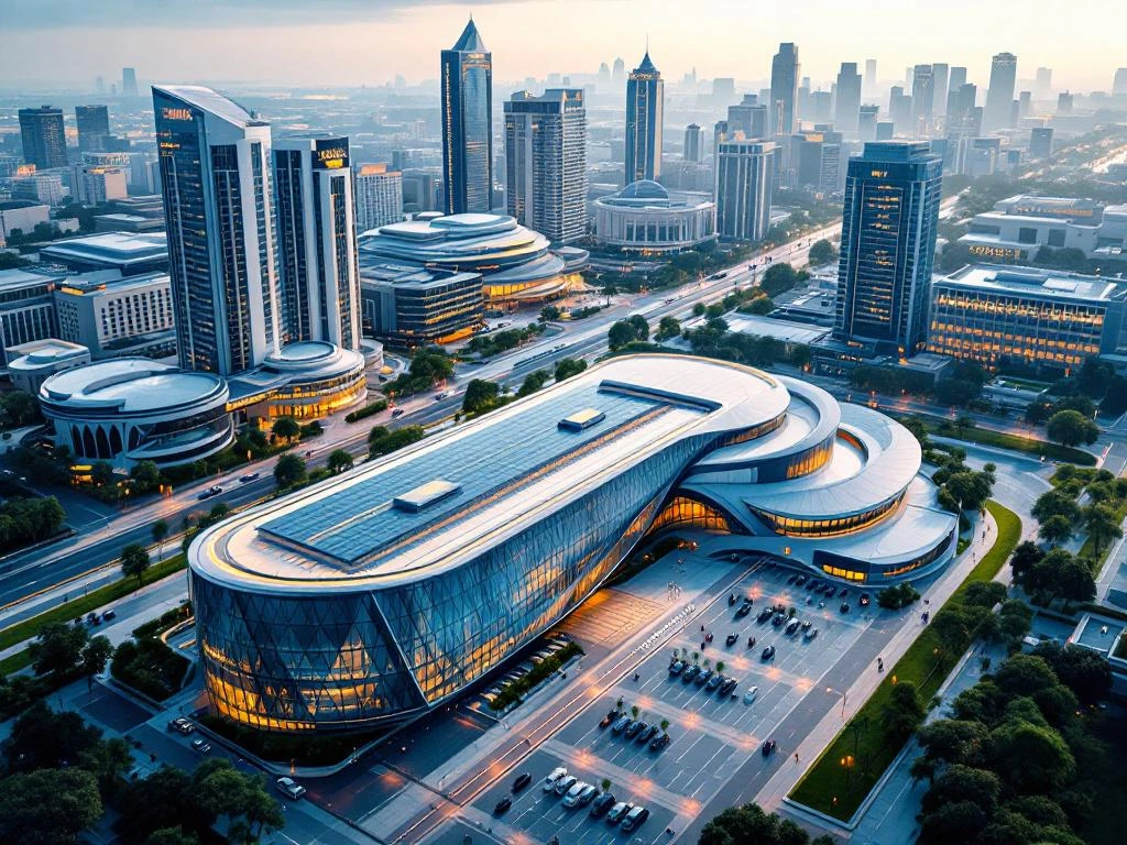 Aerial view of modern convention center with glass facades surrounded by hotels and urban buildings connected by pathways.