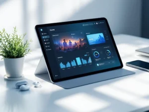 Modern tablet displaying digital event interface on white desk with smartphone, wireless earbuds, and plant in natural light.