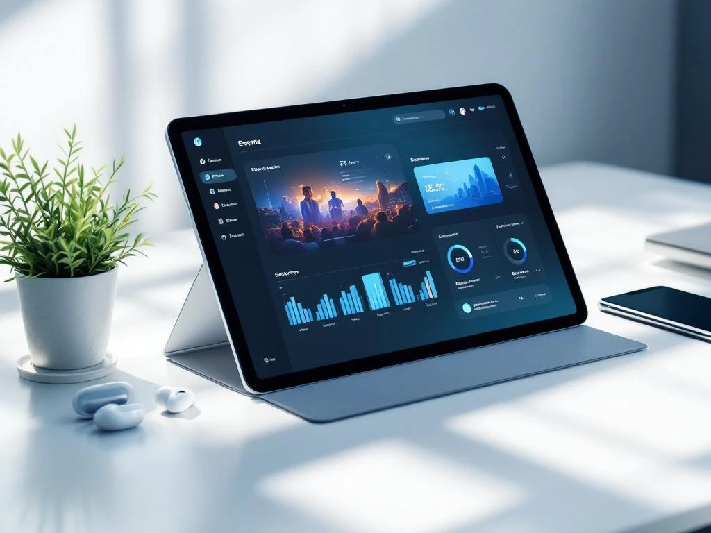 Modern tablet displaying digital event interface on white desk with smartphone, wireless earbuds, and plant in natural light.