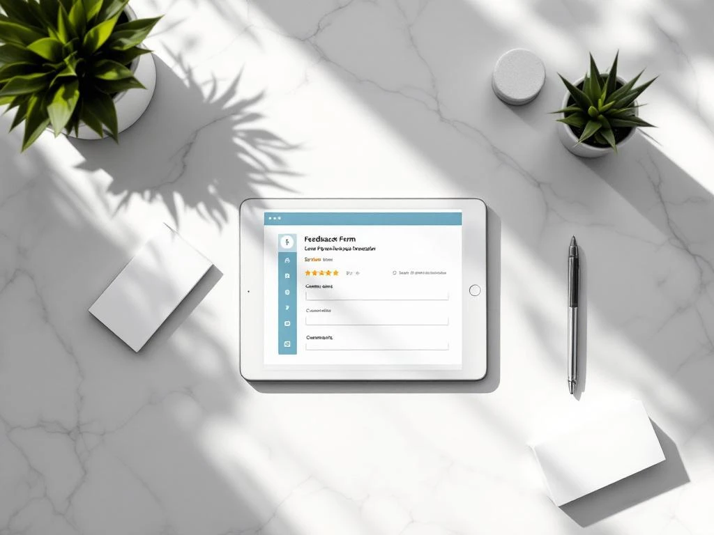 Tablet displaying digital feedback form with star ratings on white marble conference table, surrounded by stylus and business cards