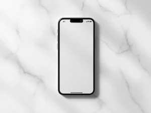 Smartphone displaying event app interface with calendar, location, notification and profile icons on white marble surface