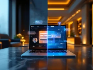 Laptop displaying event website interface connected to luxury hotel lobby through floating booking elements and integration arrows.