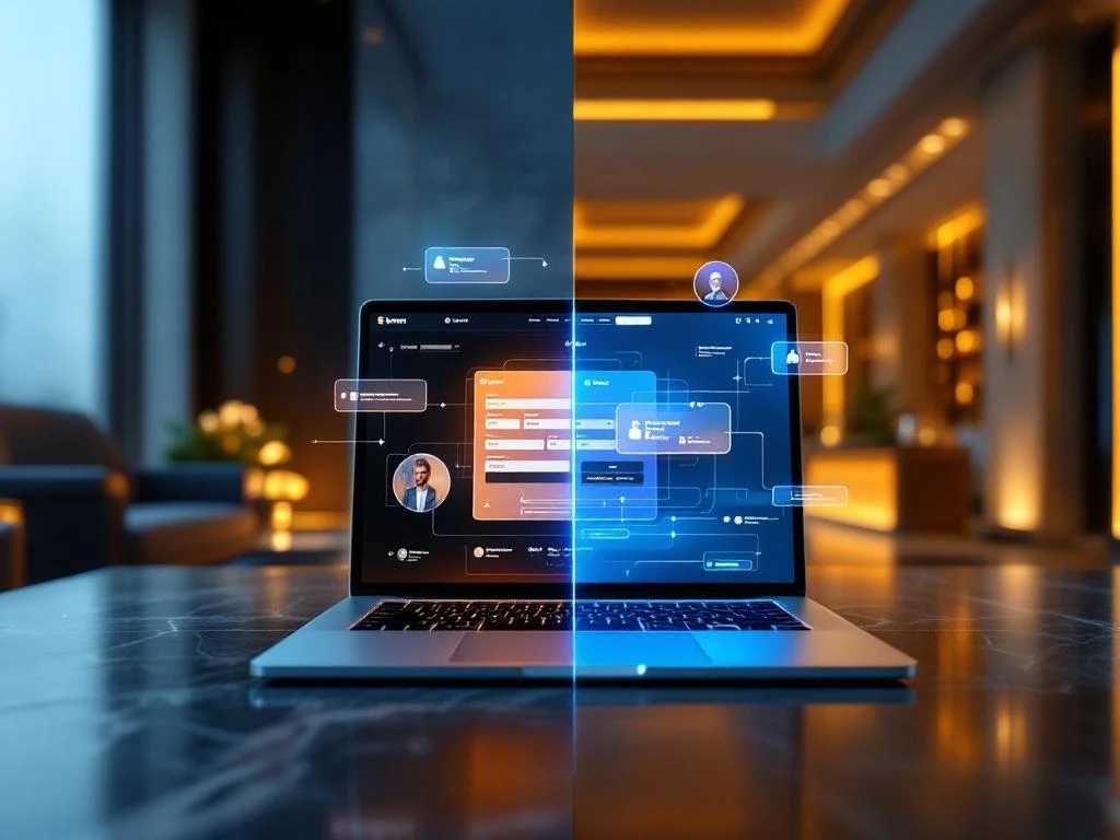 Laptop displaying event website interface connected to luxury hotel lobby through floating booking elements and integration arrows.