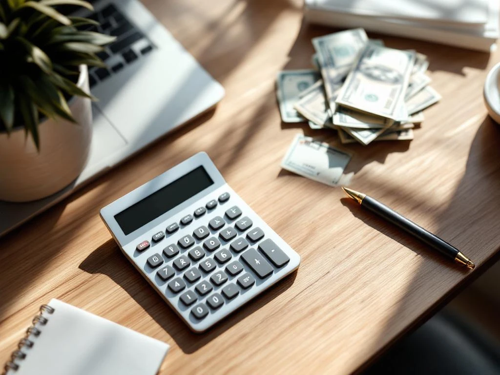 Modern calculator with glowing display on wooden desk surrounded by event tickets, cash, and pen for financial planning.