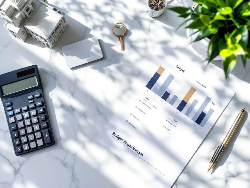 Budget breakdown pie chart on marble conference table with hotel keycard, venue model, calculator and pen for event planning.