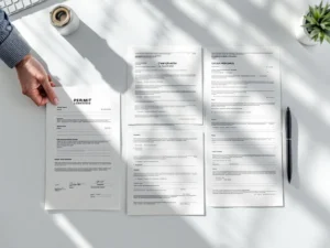 Event permits and documents neatly organized on white office desk with black pen, viewed from above in natural lighting.