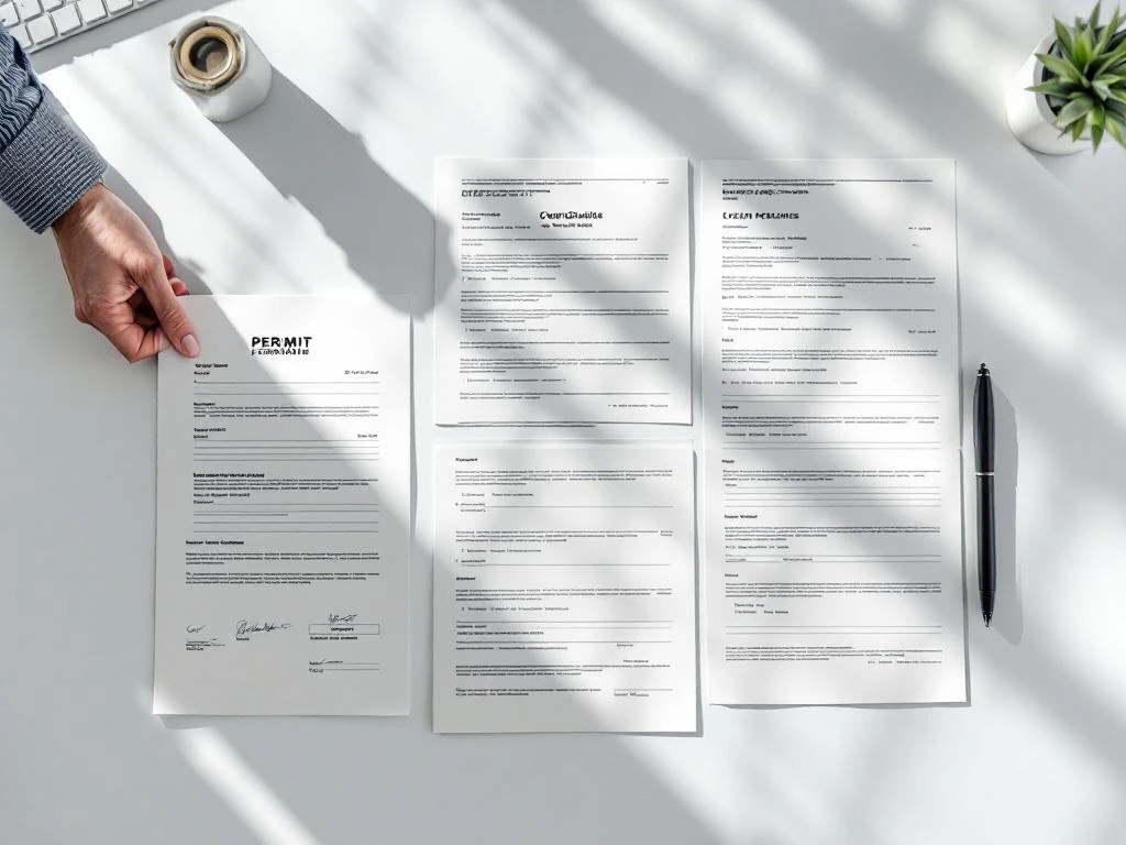 Event permits and documents neatly organized on white office desk with black pen, viewed from above in natural lighting.