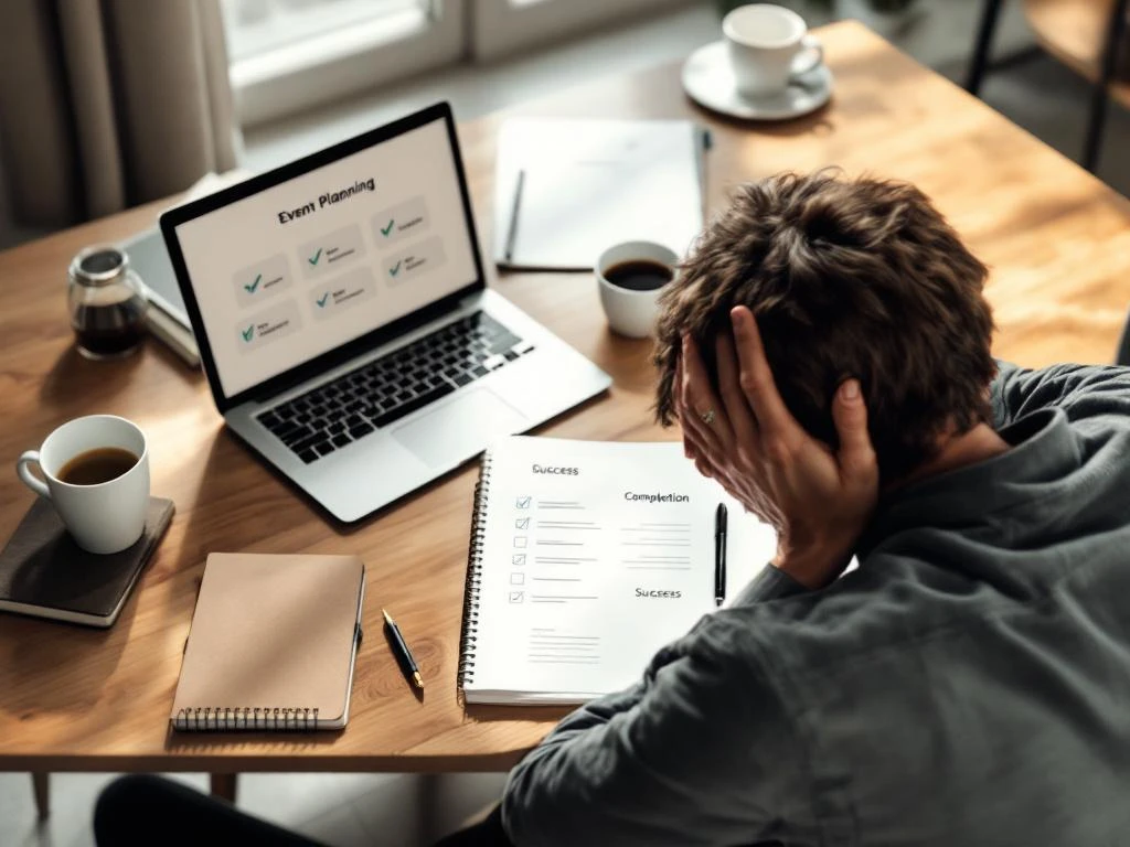Exhausted person holding head at desk with event planning materials, laptop with checkmarks, and empty coffee cups