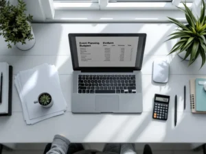 Minimalist desk setup with laptop showing budget spreadsheet, calculator, documents, and pens for event planning
