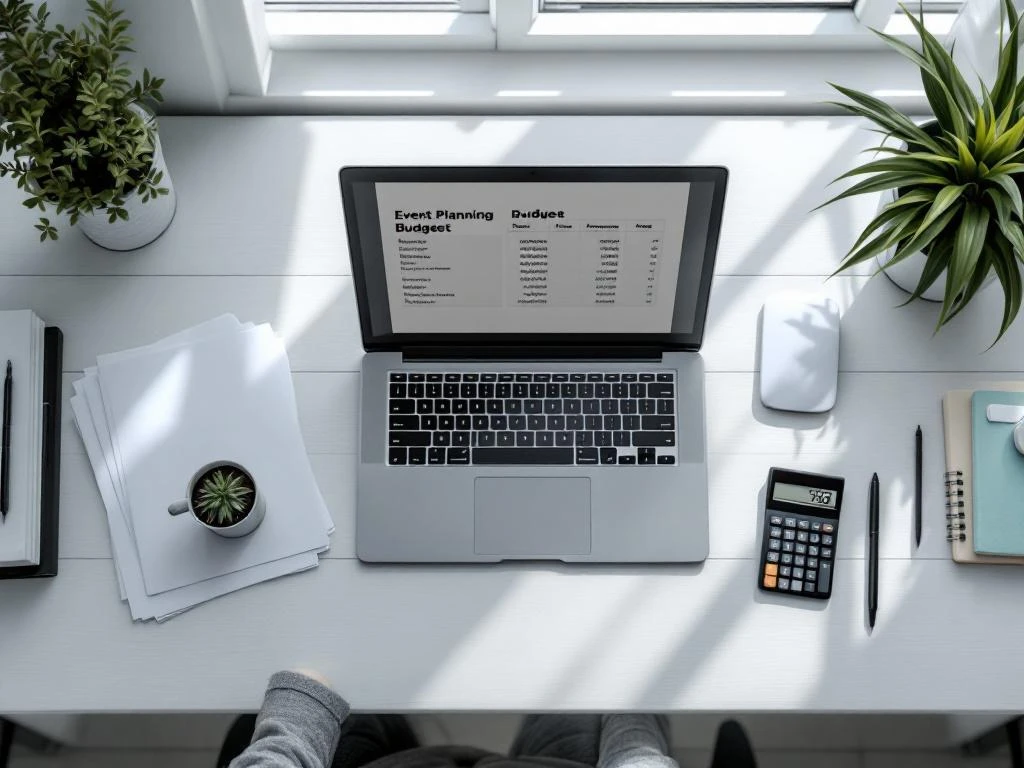 Minimalist desk setup with laptop showing budget spreadsheet, calculator, documents, and pens for event planning