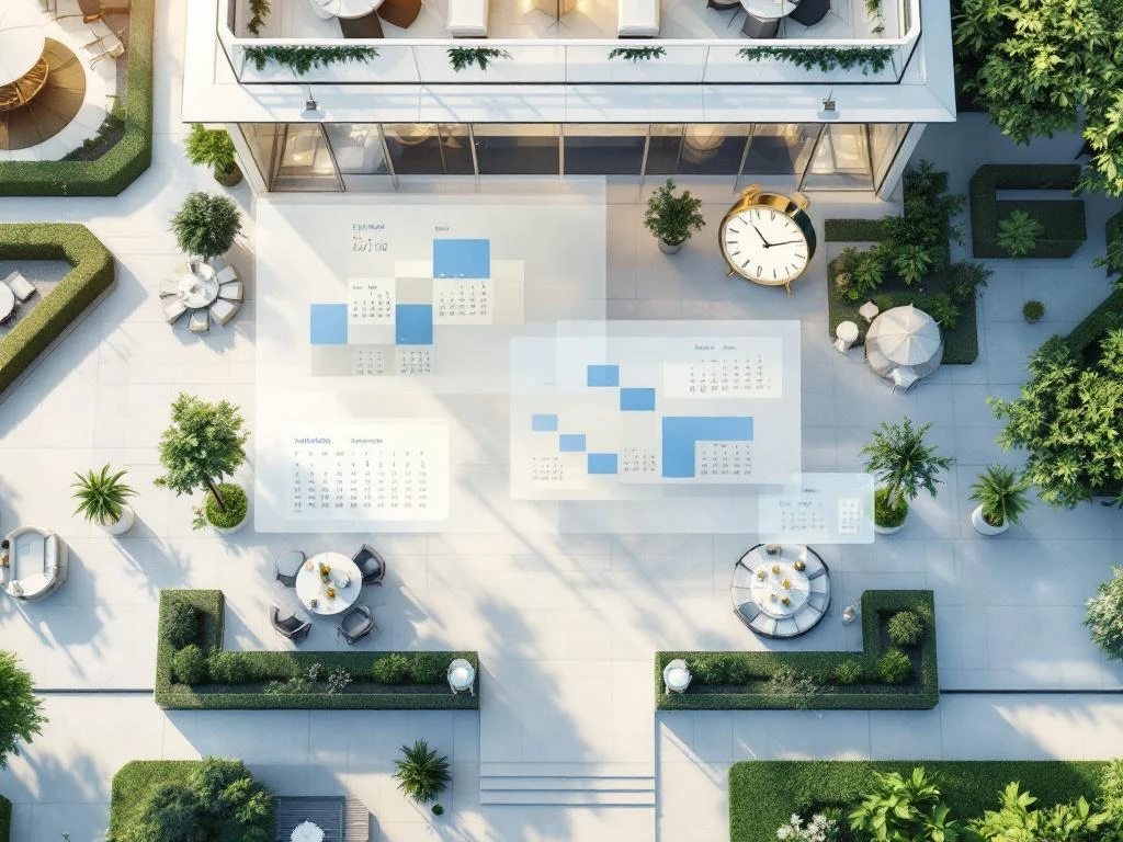 Aerial view of modern glass event venue with translucent calendar overlay highlighting dates in blue, emphasizing event planning.