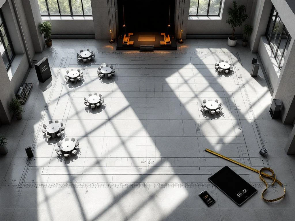 Aerial view of event venue floor plan with scale model tables, staging areas, and measuring tools on polished concrete flooring.