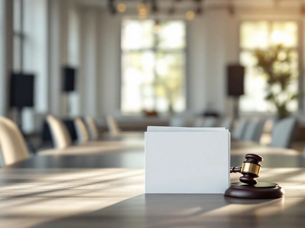 Insurance document folder with protective shield symbol on wooden table in elegant event venue with natural lighting