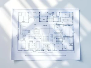 Exhibition hall floor plan blueprint with booth layouts and pathways drawn in blue lines on white paper from above