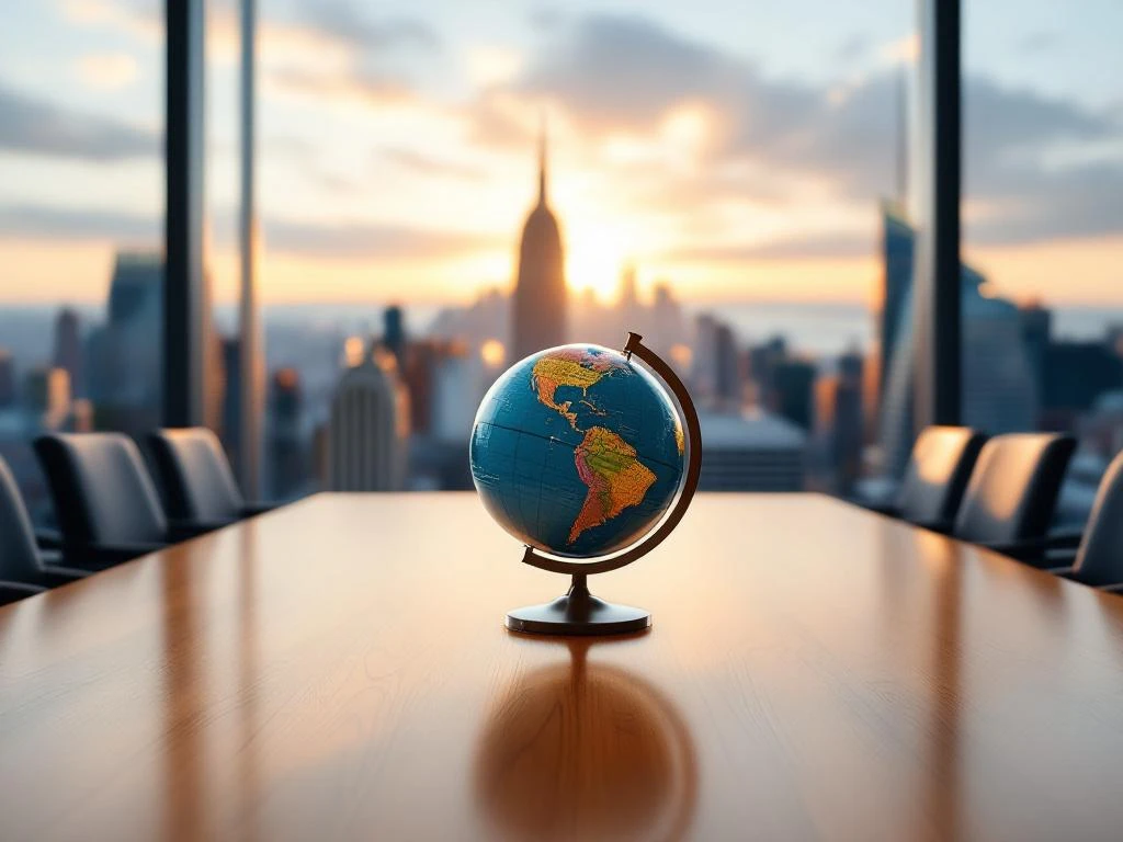 World globe with destination pins on conference table overlooking city skyline at golden hour, representing global business.