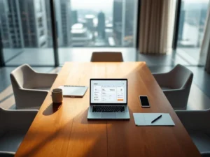 Modern conference room with laptop displaying hotel booking interface on wooden table, cityscape visible through windows