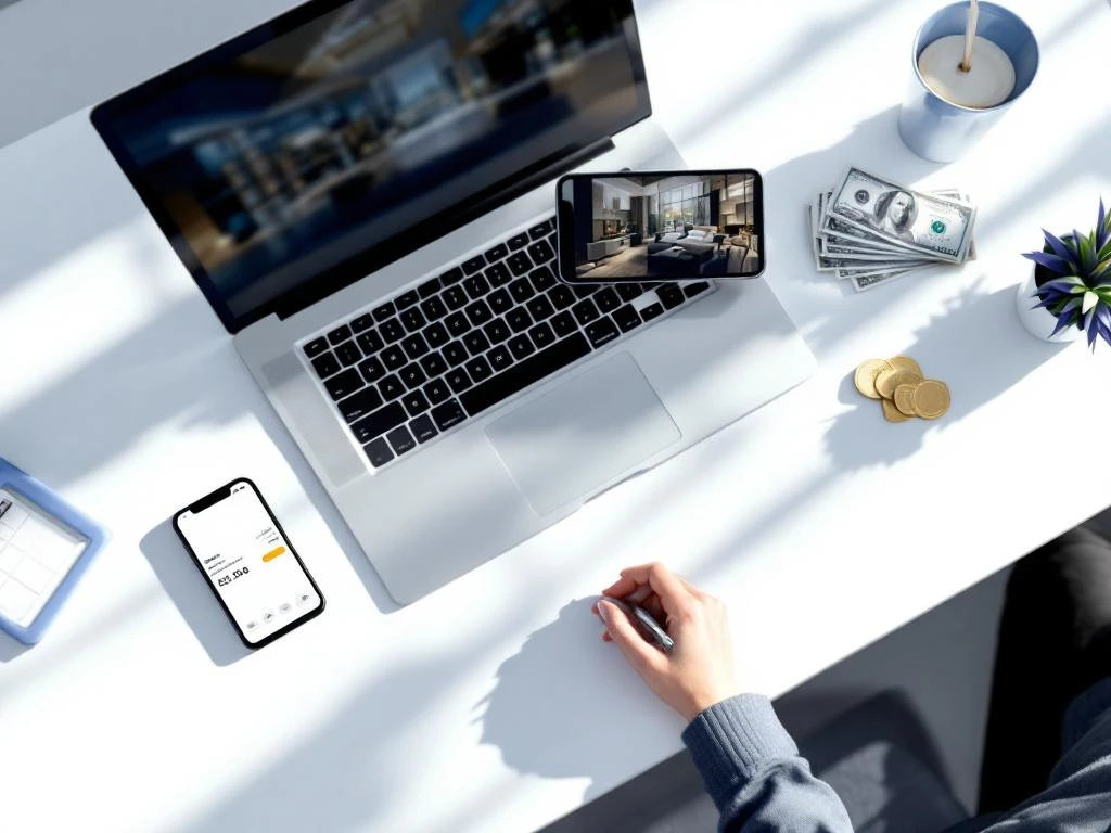 Modern desk with laptop showing hotel booking interface, smartphone with event details, dollar bills and hotel key cards