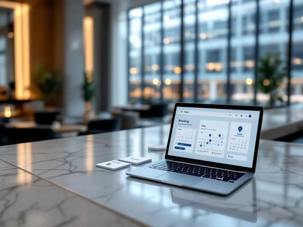 Hotel lobby with open laptop showing booking interface, scattered key cards on marble reception desk, conference center visible through windows