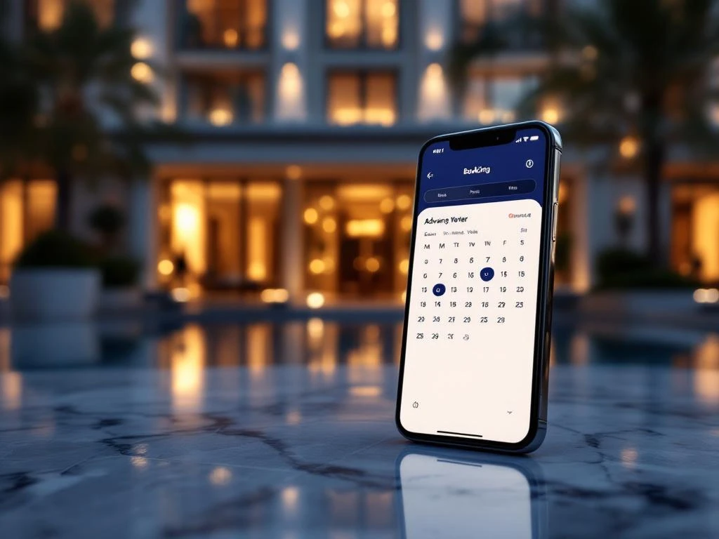 Smartphone displaying hotel booking calendar on marble surface with luxury hotel exterior in golden hour background