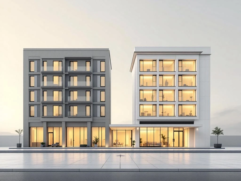 Two hotel buildings side by side showing contrast between generic left building and modern right building with warm lighting and welcoming entrance.