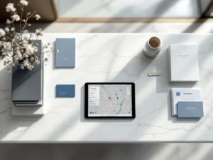 Modern hotel concierge desk with organized brochures, tablet displaying map, key cards, and booking documents on marble surface