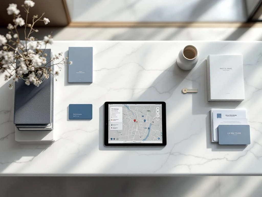 Modern hotel concierge desk with organized brochures, tablet displaying map, key cards, and booking documents on marble surface