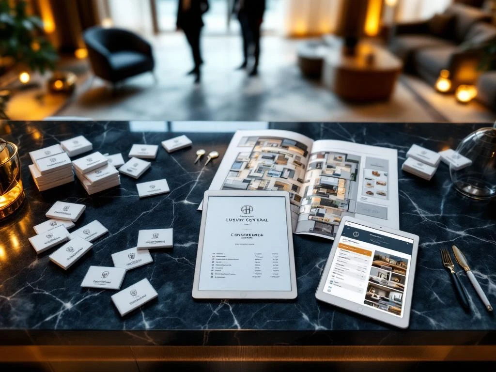 Luxury hotel concierge desk with conference badges, key cards, floor plan, and digital booking tablet in elegant lobby setting.