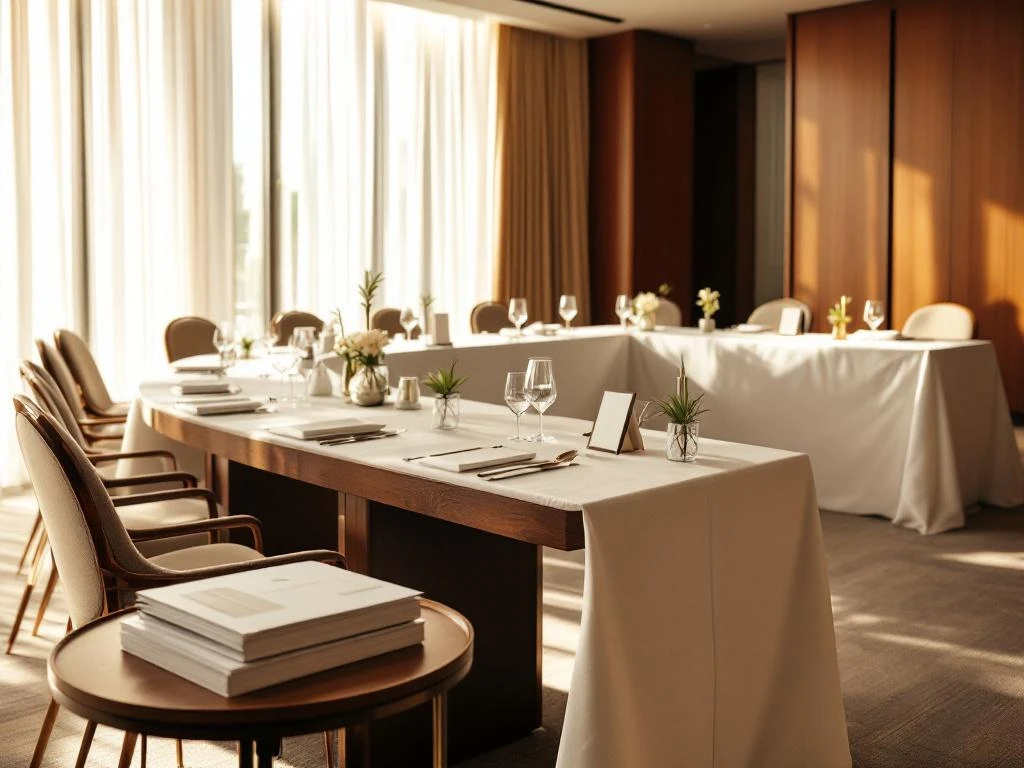 Modern hotel conference room with mahogany tables in U-shape, white linens, and natural lighting from floor-to-ceiling windows.