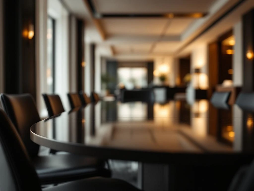 Modern hotel conference room with oval table, black chairs, floor-to-ceiling windows, and blurred luxury lobby background