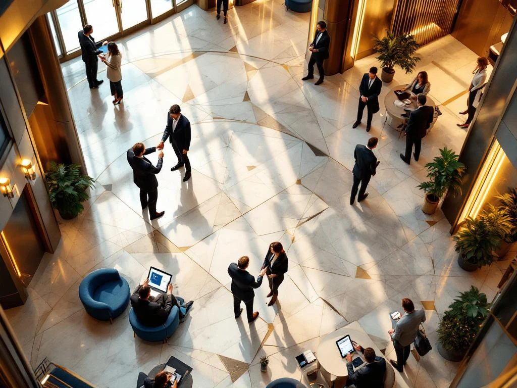 Modern hotel lobby with event space showing business professionals shaking hands, tablets with booking interfaces on marble tables