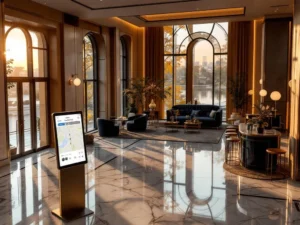 Aerial view of elegant hotel lobby with digital check-in kiosk, marble floors, and contemporary navy-gold furnishings