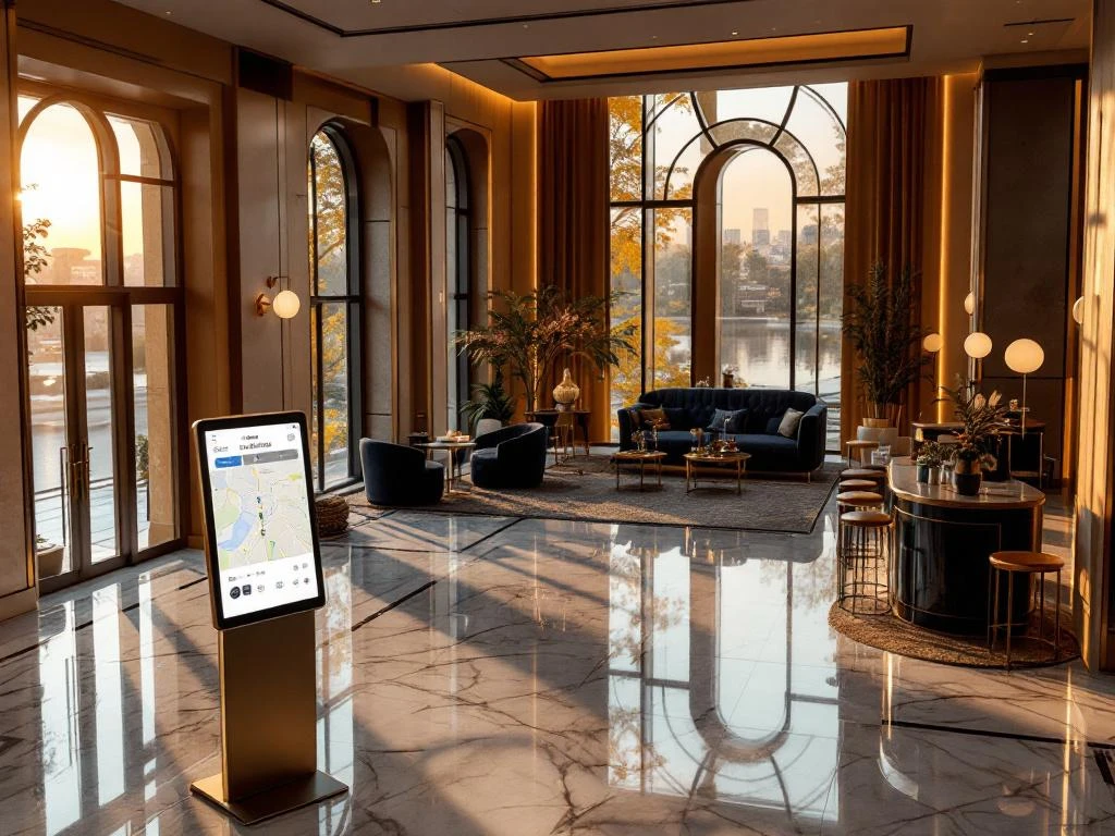 Aerial view of elegant hotel lobby with digital check-in kiosk, marble floors, and contemporary navy-gold furnishings