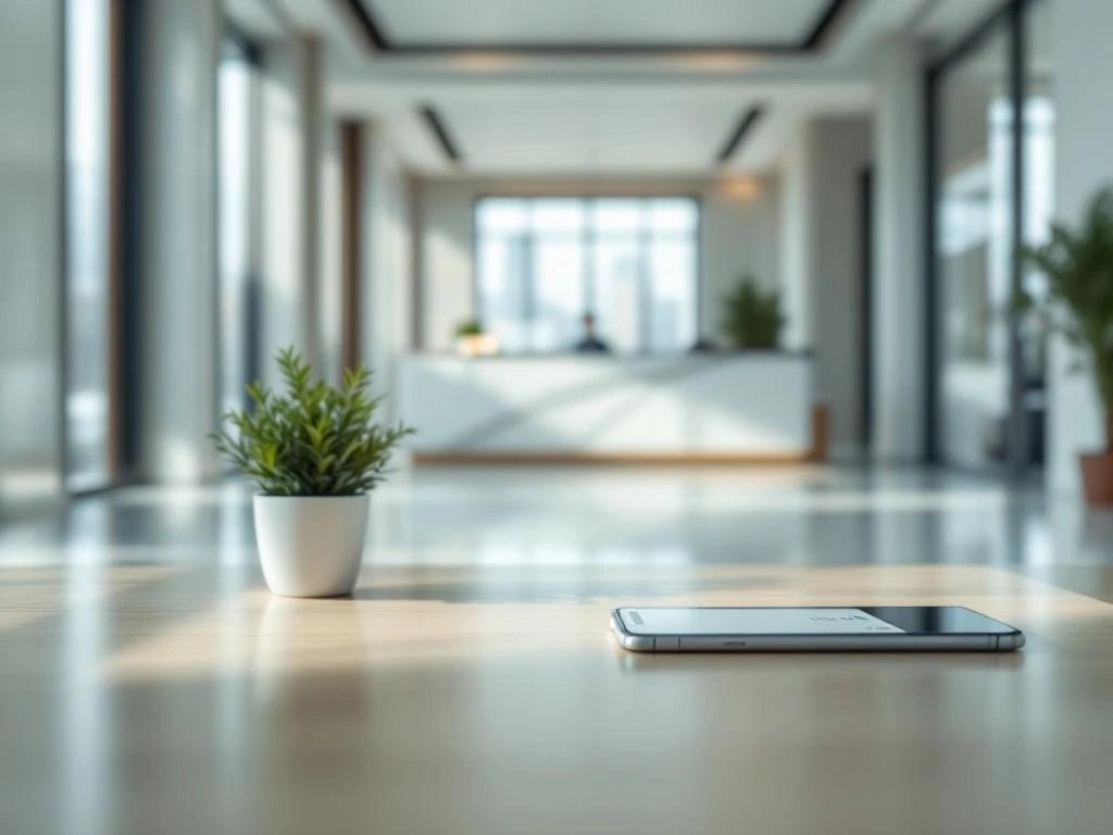 Modern hotel lobby with wooden table displaying key card, smartphone booking app, and plant near reception desk