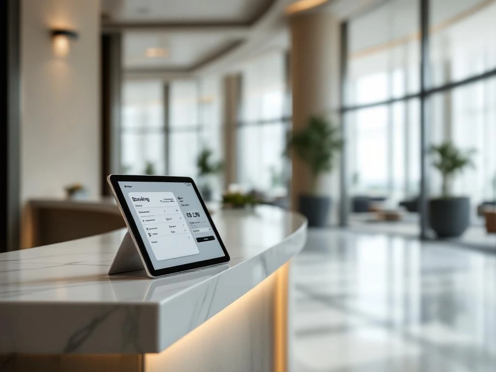 Modern hotel lobby with marble reception desk, tablet displaying booking interface, and contemporary event venue visible through windows in background.