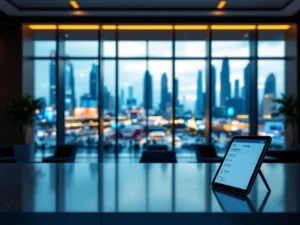 Modern hotel lobby reception desk with tablet displaying bookings, overlooking distant trade show venue through large windows.