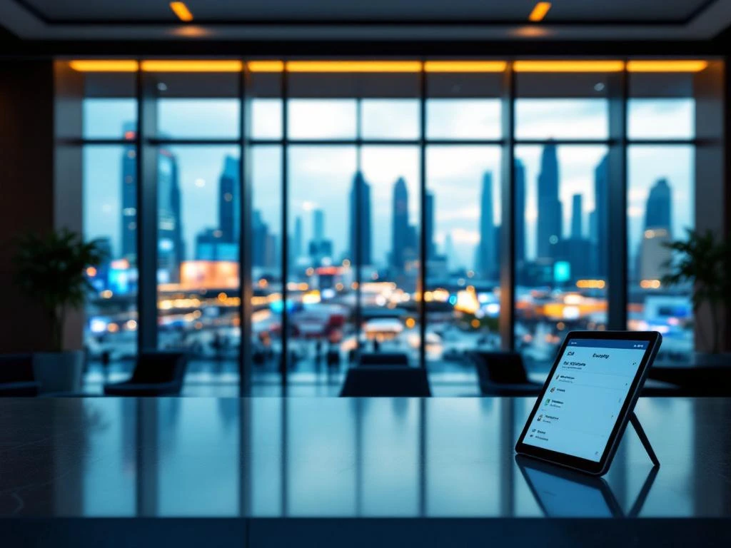 Modern hotel lobby reception desk with tablet displaying bookings, overlooking distant trade show venue through large windows.