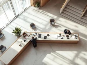 Minimalist hotel lobby with reception desk, conference badges, and key cards scattered on marble surface, viewed from above