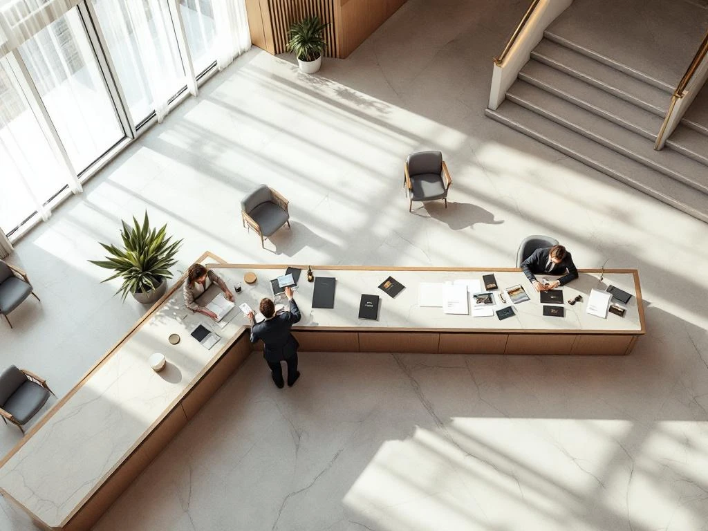Minimalist hotel lobby with reception desk, conference badges, and key cards scattered on marble surface, viewed from above