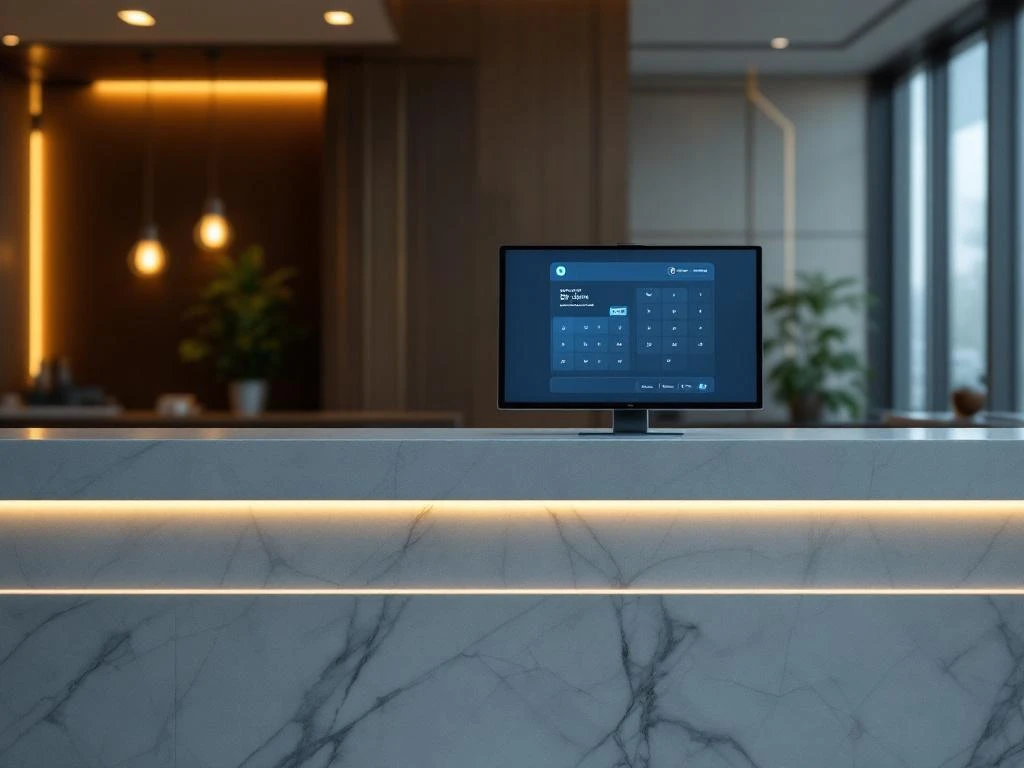 Modern hotel reception desk with computer displaying digital booking system interface in blue and white on marble counter